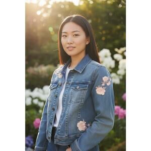 Billy T Pink and White Embroidered Flowers Denim Jacket Womens Small Button Down